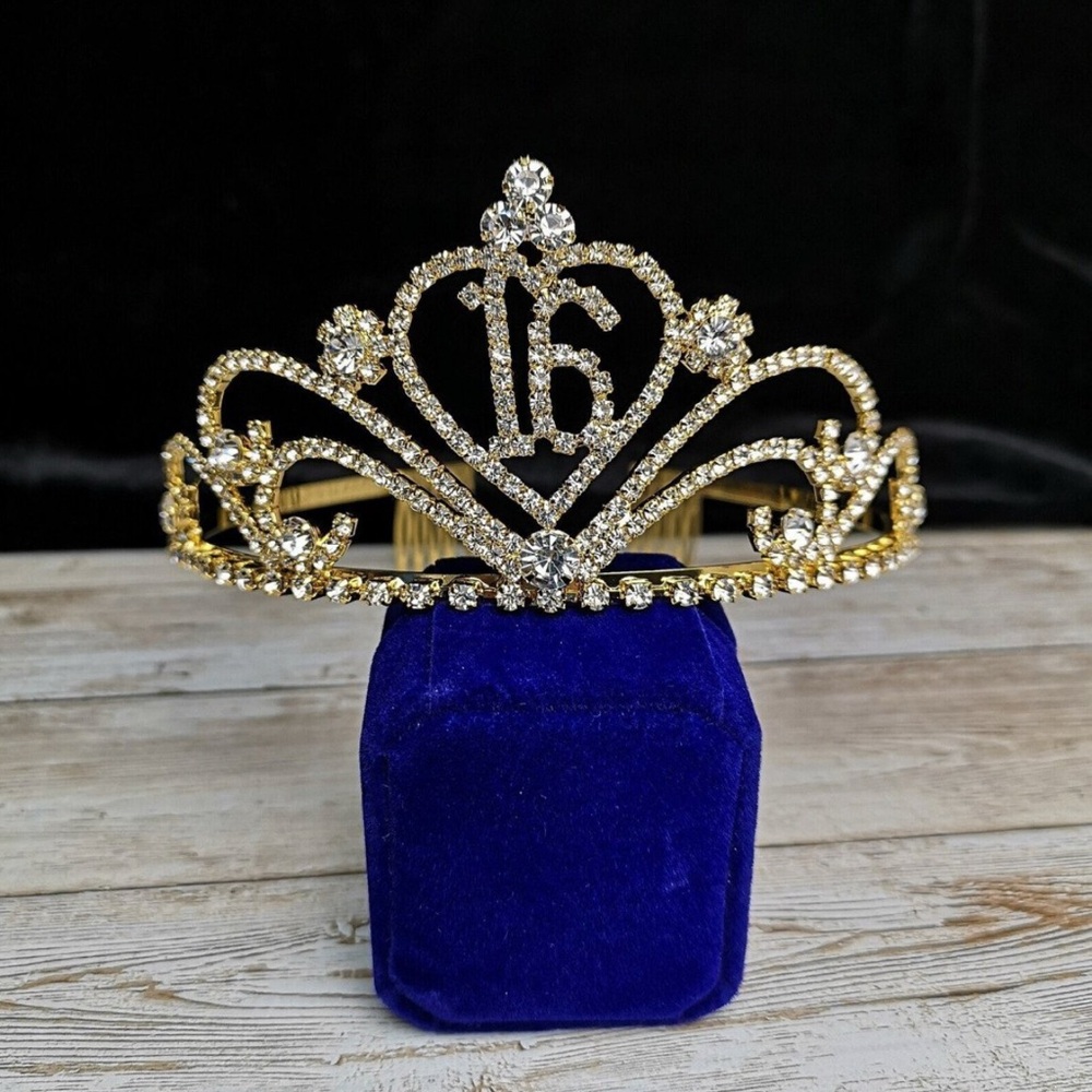 Gold Rhinestone Sweet 16 Crown Tiara Gift Keepsake